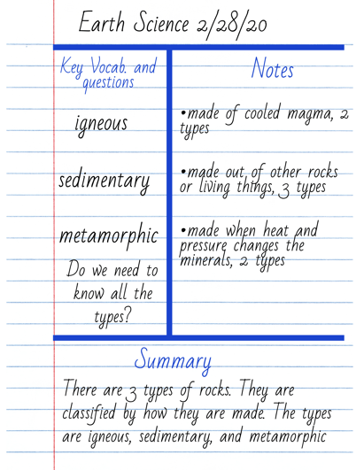 Cornell notes example for Earth Science class