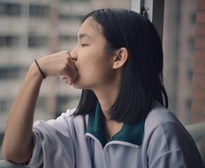 Stressed and anxious high school student looking out a window