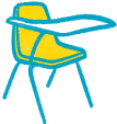 Hand drawn sketch of a blue and yellow school chair with attached desk